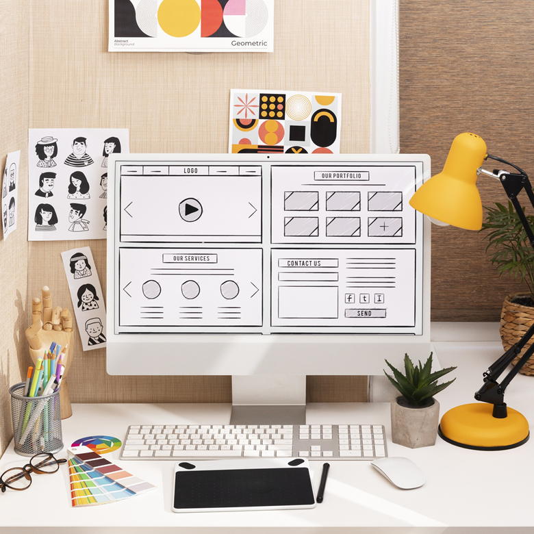 Boceto de un sitio web en la pantalla de un computador junto a una paleta de colores y una tableta gráfica en un escritorio de diseño y desarrollo web