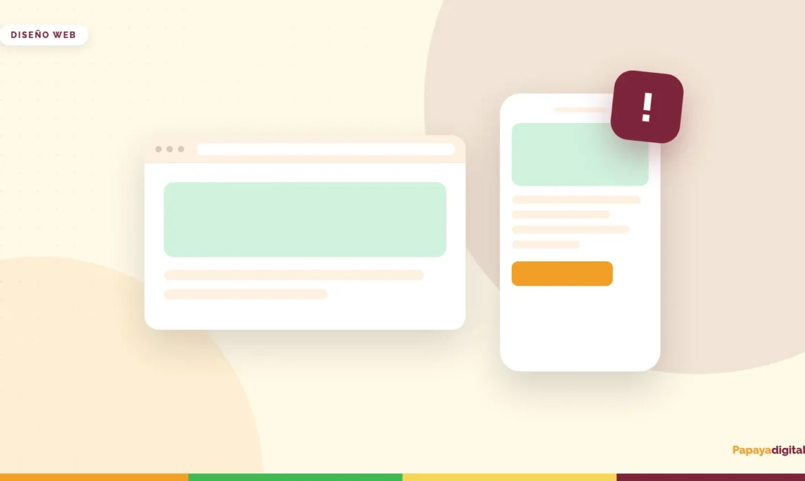 Sitio web en escritorio y celular con un aviso de alerta sobre la versión móvil
