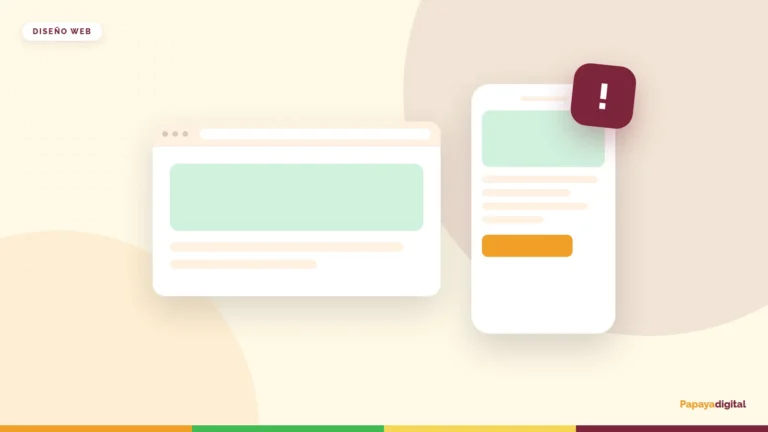 Sitio web en escritorio y celular con un aviso de alerta sobre la versión móvil