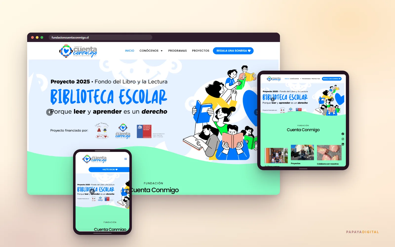 Sitio web de Fundación Cuenta Conmigo desarrollado por Papaya Digital, visto en computador, tablet y celular
