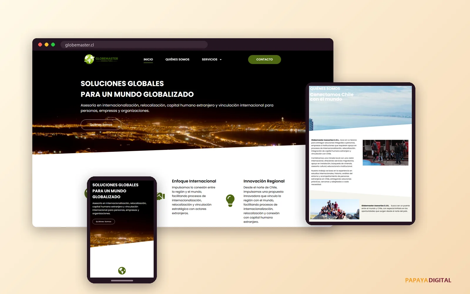 Sitio web de Globemaster Asesorías desarrollado por Papaya Digital, visto en computador, tablet y celular