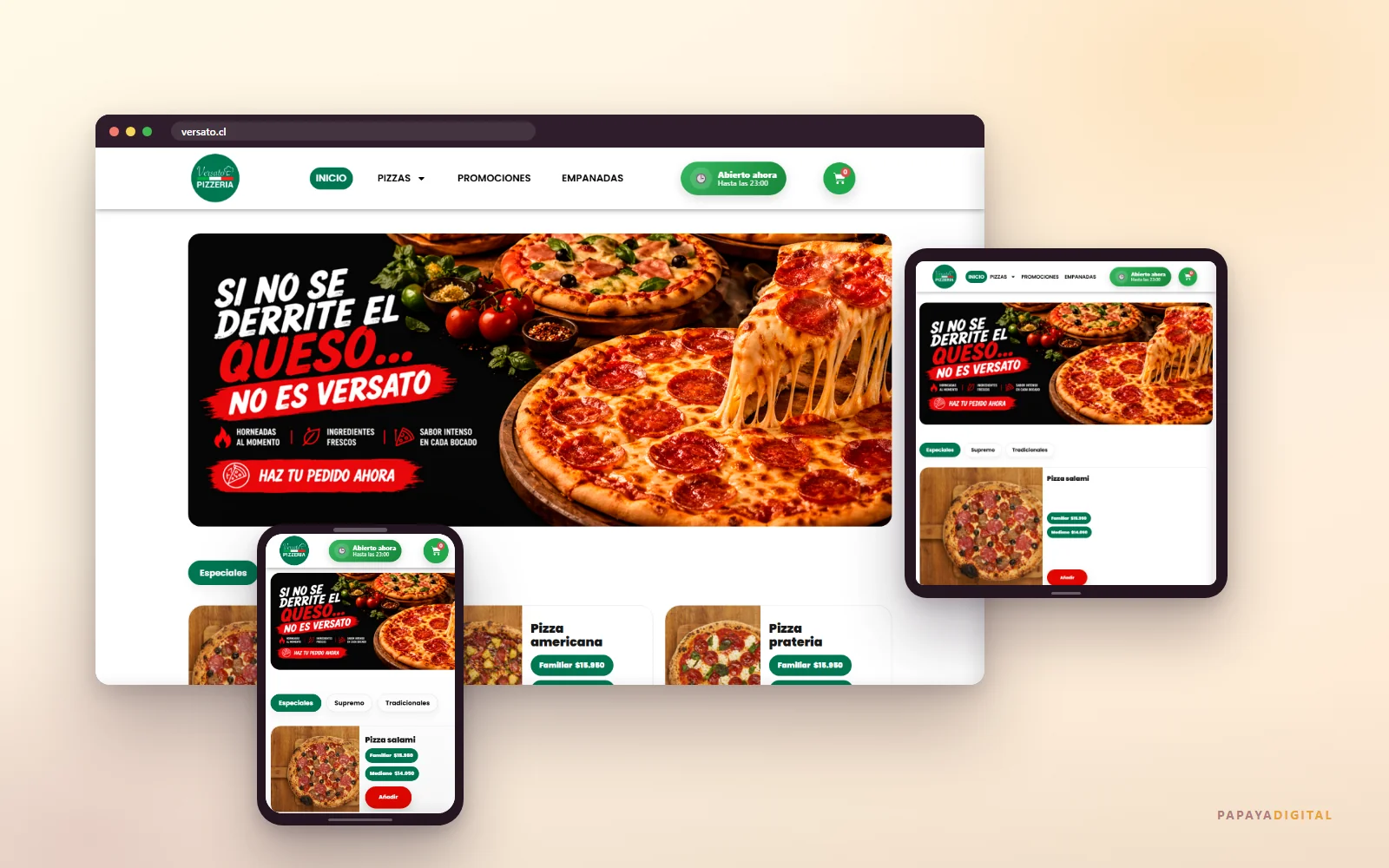 Tienda online de la pizzería Versato con pago Transbank, desarrollada por Papaya Digital, vista en computador, tablet y celular