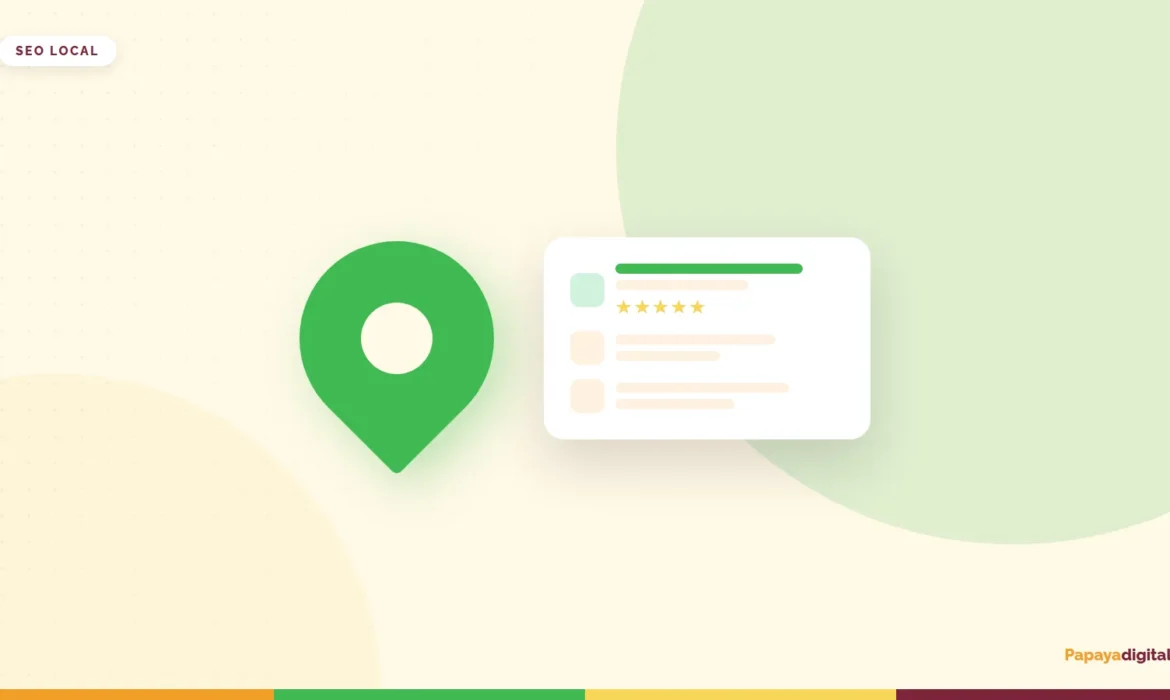 Alfiler de mapa verde junto a una ficha de resultados locales con reseñas
