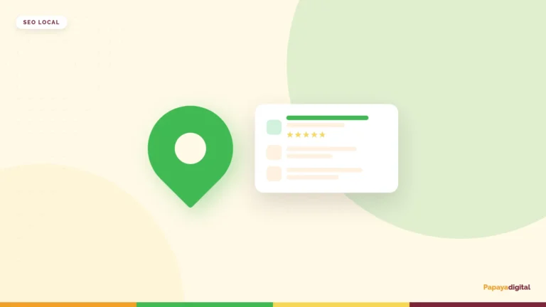 Alfiler de mapa verde junto a una ficha de resultados locales con reseñas