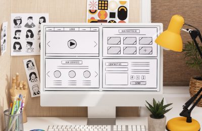 Boceto de un sitio web en la pantalla de un computador junto a una paleta de colores y una tableta gráfica en un escritorio de diseño y desarrollo web